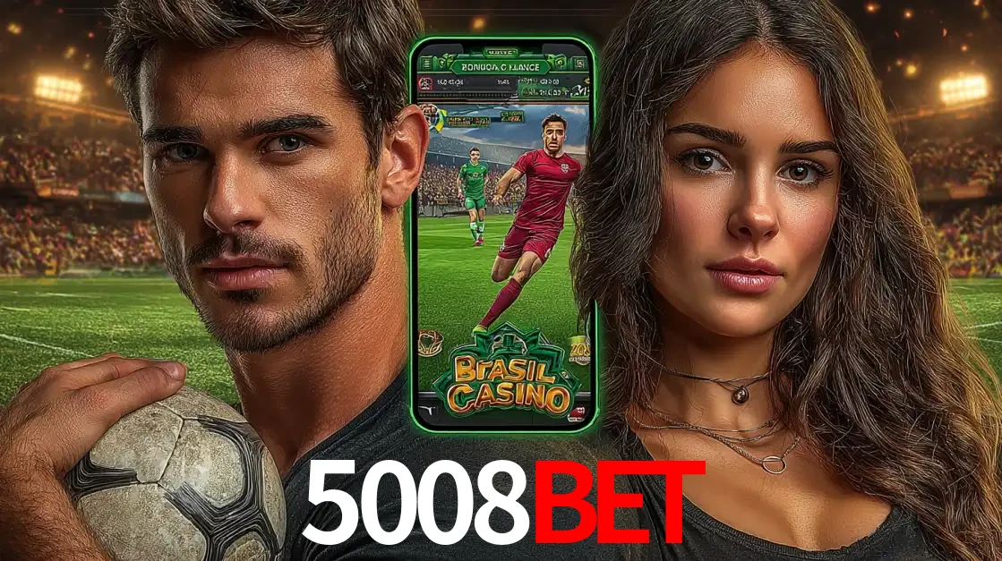 Homem segurando uma bola de futebol e uma mulher ao lado de um smartphone exibindo o jogo de apostas esportivas da 5008BET. Faça seu palpite no cassino online.